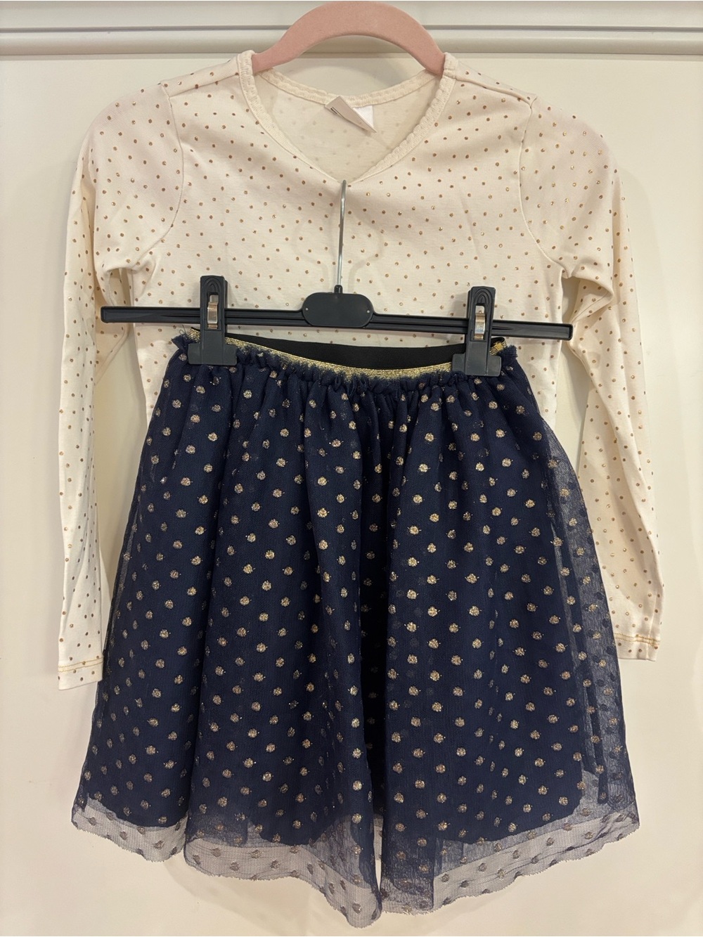 Bundle Hanna Andersson Holiday Size 140/10 Navy Tutu Skirt & Cream Gold Dot Top
